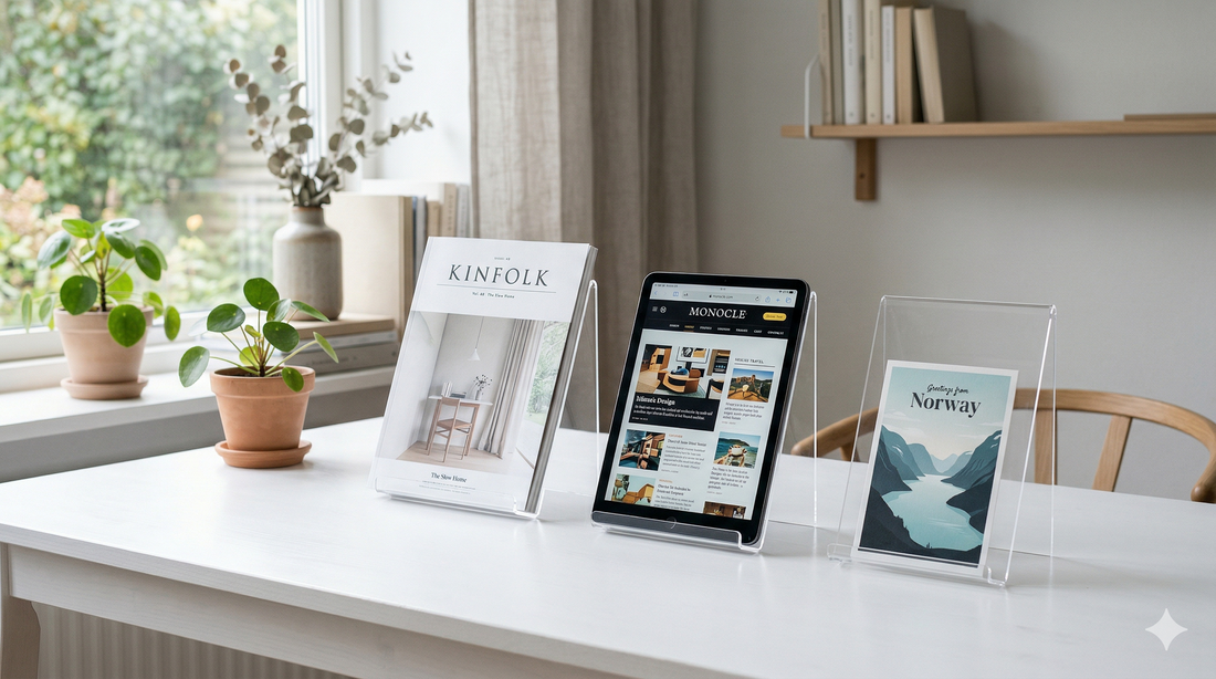 雑誌とタブレットを飾った透明アクリル製の卓上ブックスタンド
