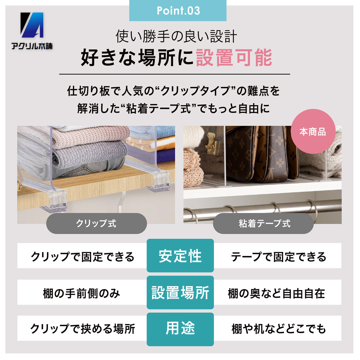 アクリル本舗 収納 仕切り パネル 棚 パーテーション 粘着タイプ 4個 6個 セット